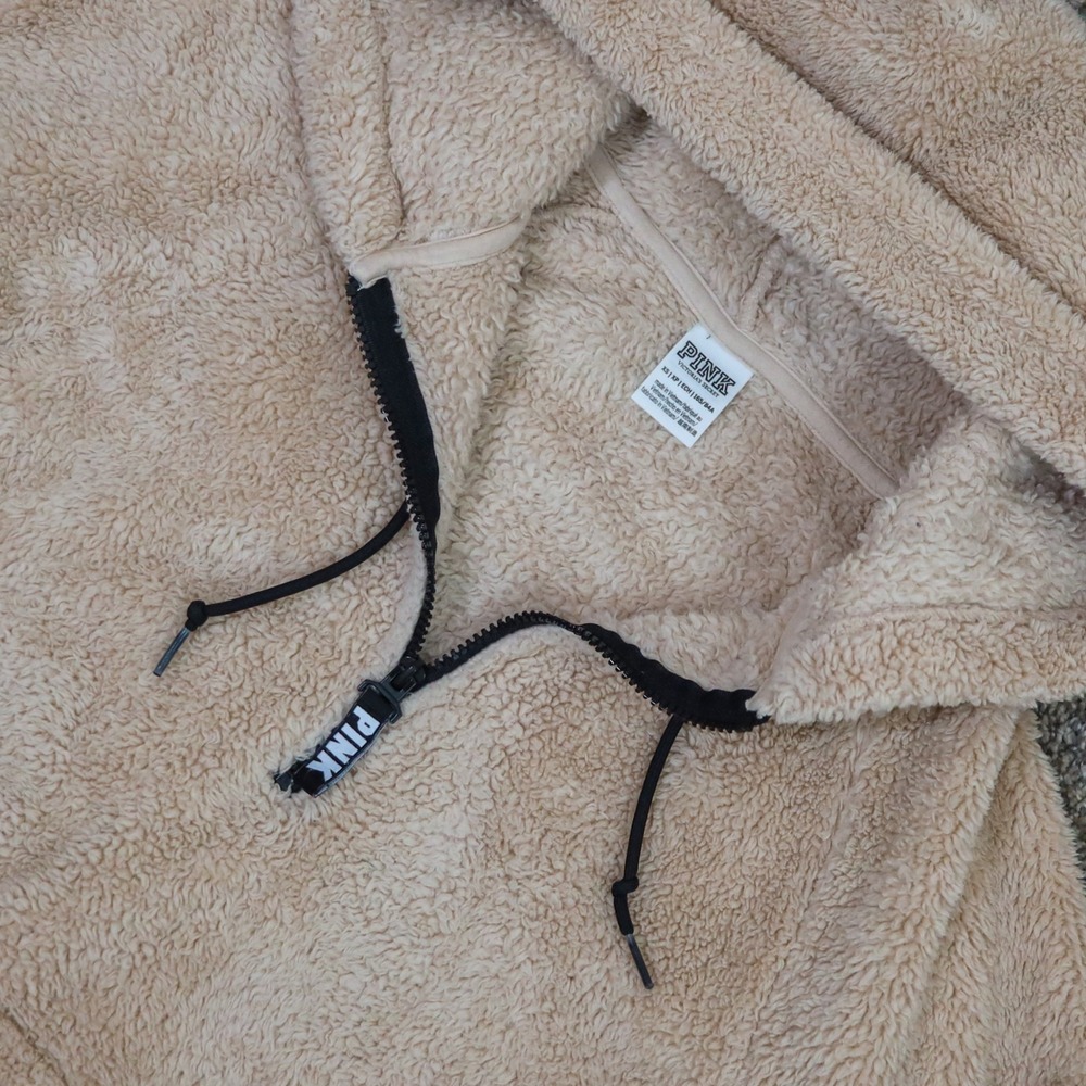 PINK‎ Victoria's Secret Sherpa Teddy Fleece Hoodie XS Beige Quarter Zip Pullover - Picture 2 of 12